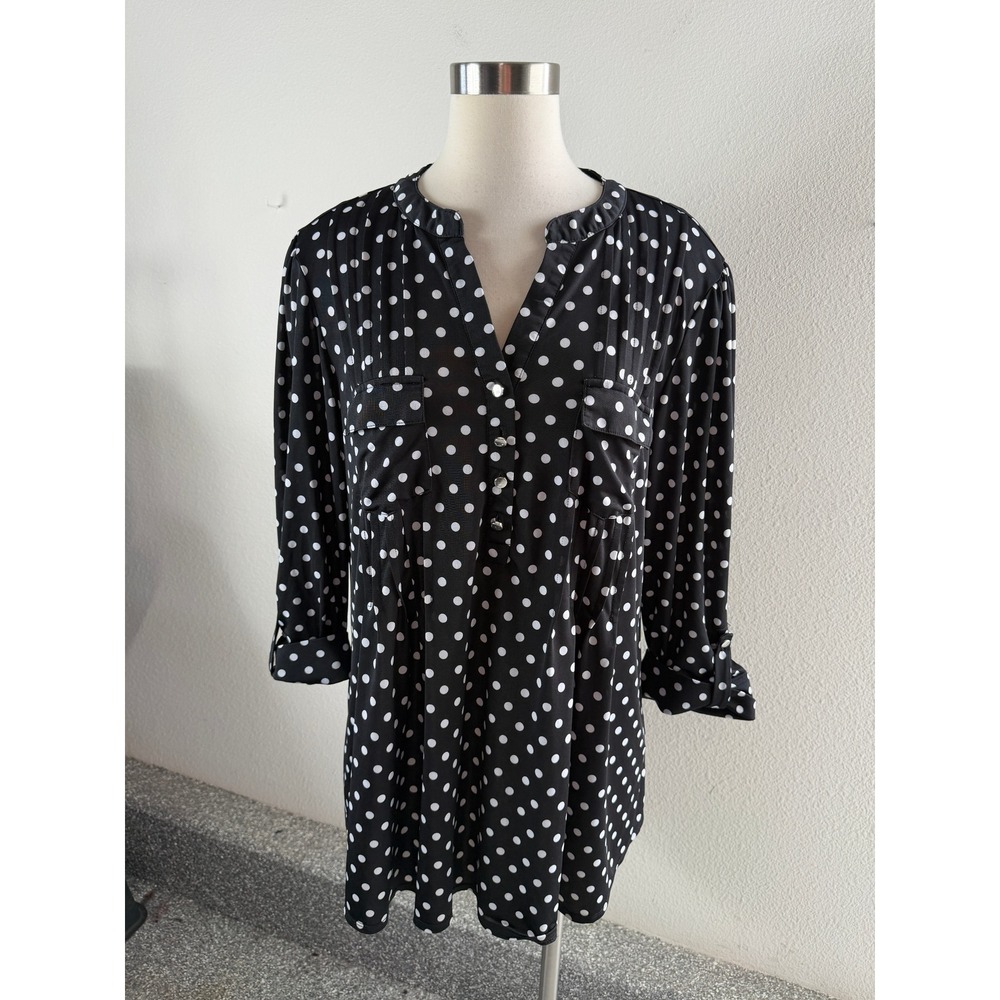Cocomo Woman Plus 2X Black White Polka Dot Roll Tab Sleeve Button Front Blouse